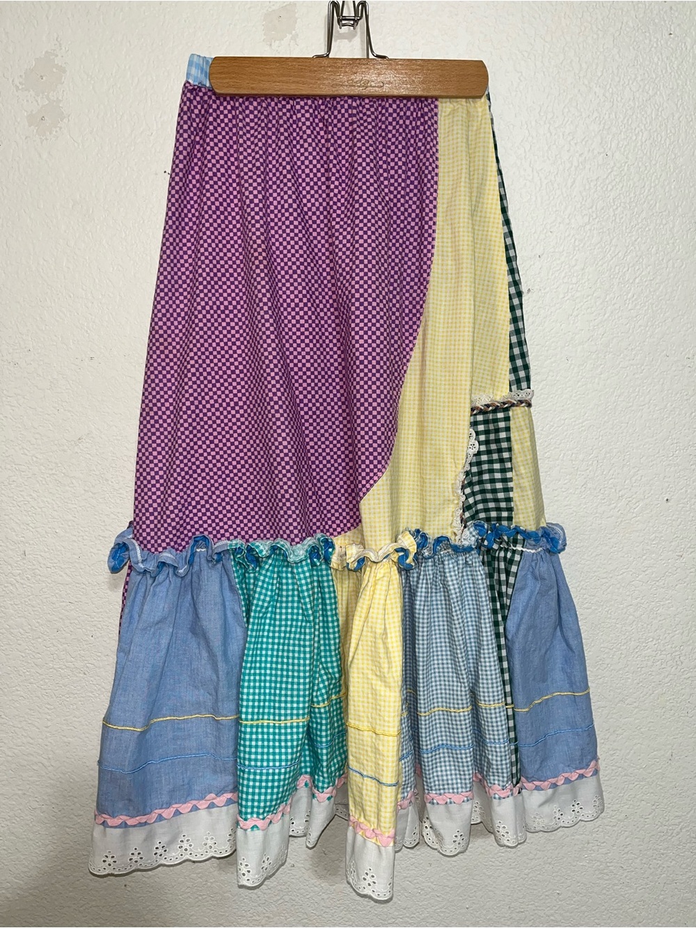 VTG French Creek Patchwork Gingham Maxi Skirt in Purple, Yellow, Blue & Green